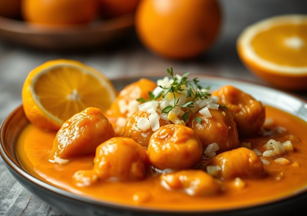 Noordzeetong in sinaasappelsaus, AI-gegenereerde illustratie