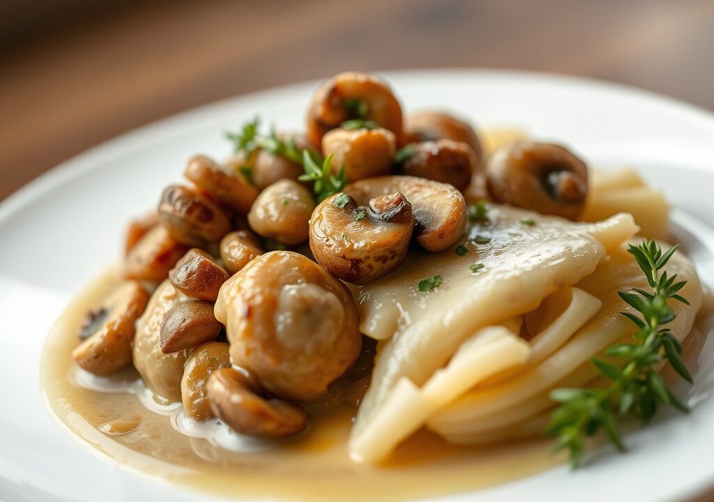 Noordzeetong met champignons en witte-wijnsaus — AI-gegenereerde illustratie