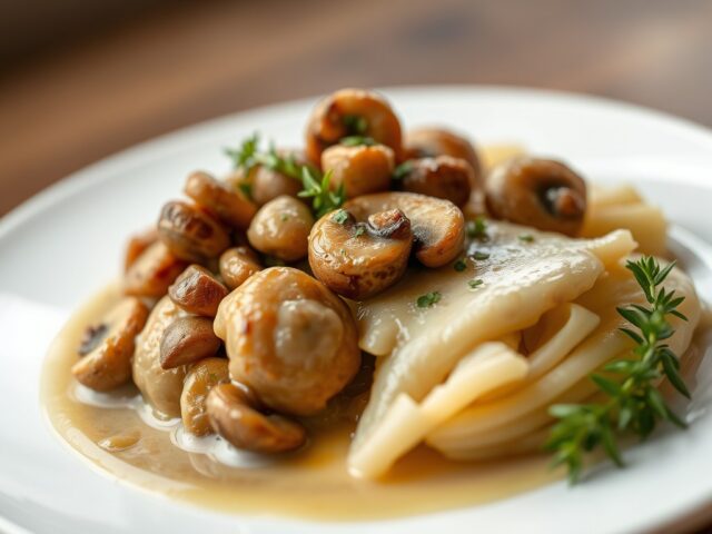 Noordzeetong met champignons en witte-wijnsaus — AI-gegenereerde illustratie