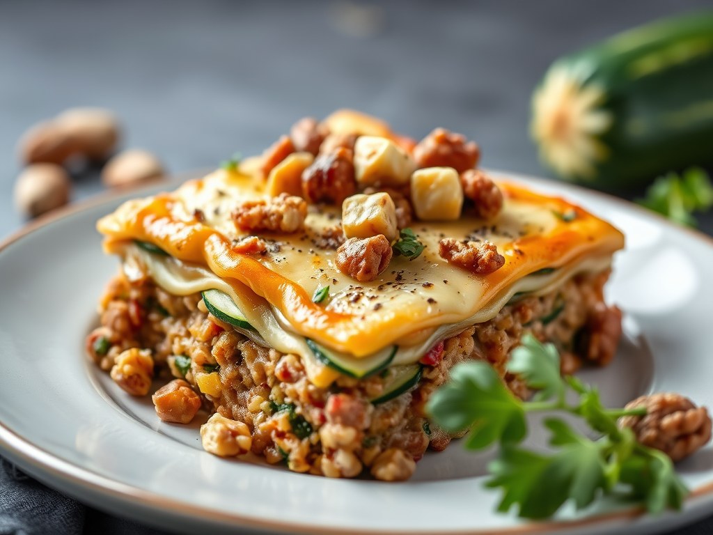 Notenlasagne met courgette, AI-gegenereerde illustratie