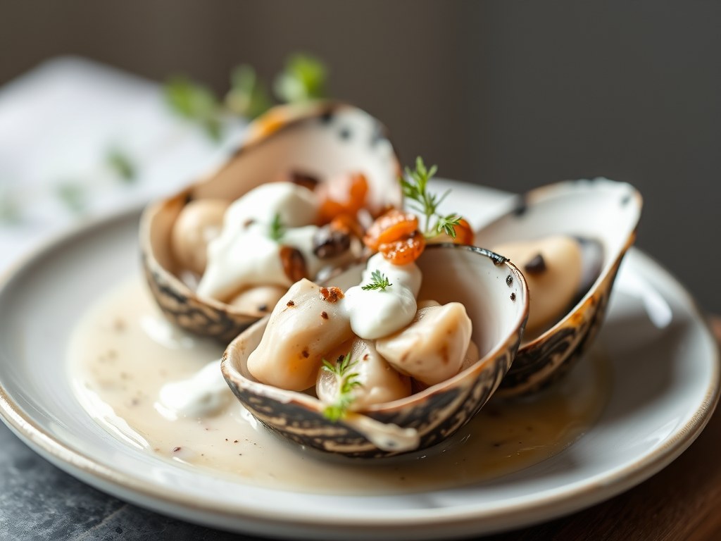 Oesters met zeewatersaus, AI-gegenereerde illustratie