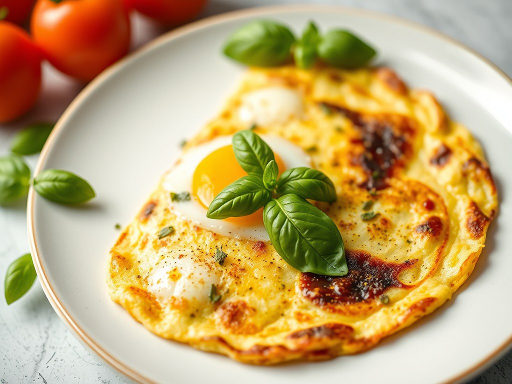 Omelet met basilicum, AI-gegenereerde illustratie