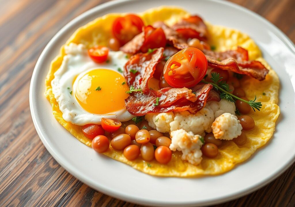 Omelet met bloemkool, boontjes, tomaat en spekjes, AI-gegenereerde illustratie