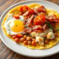 Omelet met bloemkool, boontjes, tomaat en spekjes