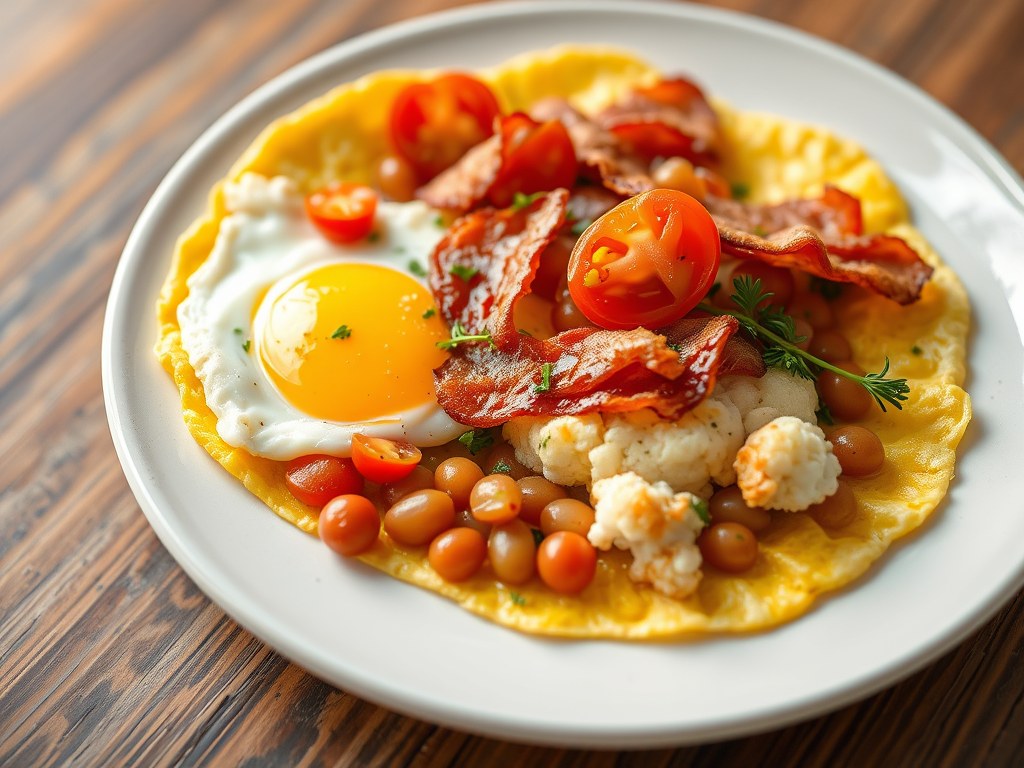 Omelet met bloemkool, boontjes, tomaat en spekjes, AI-gegenereerde illustratie