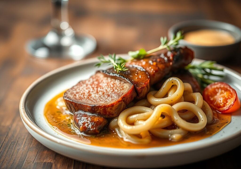 Onglet in hooi gegaard met geroosterde spruiten en biersausje, AI-gegenereerde illustratie