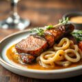 Onglet in hooi gegaard met geroosterde spruiten en biersausje