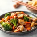 Oosterse roerbakschotel van broccoli, kip en champignons