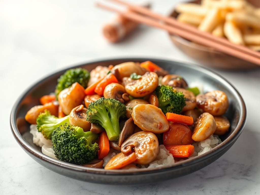 Oosterse roerbakschotel van broccoli, kip en champignons, AI-gegenereerde illustratie