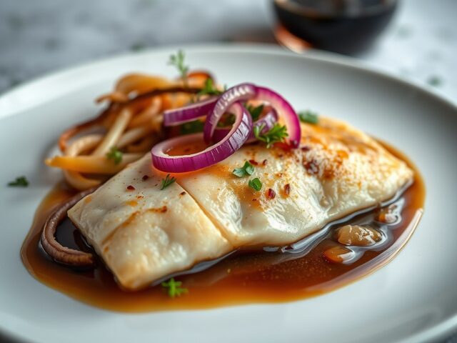 Op vel gebakken kabeljauwfilet met uienbouillon en shiitakes — AI-gegenereerde illustratie