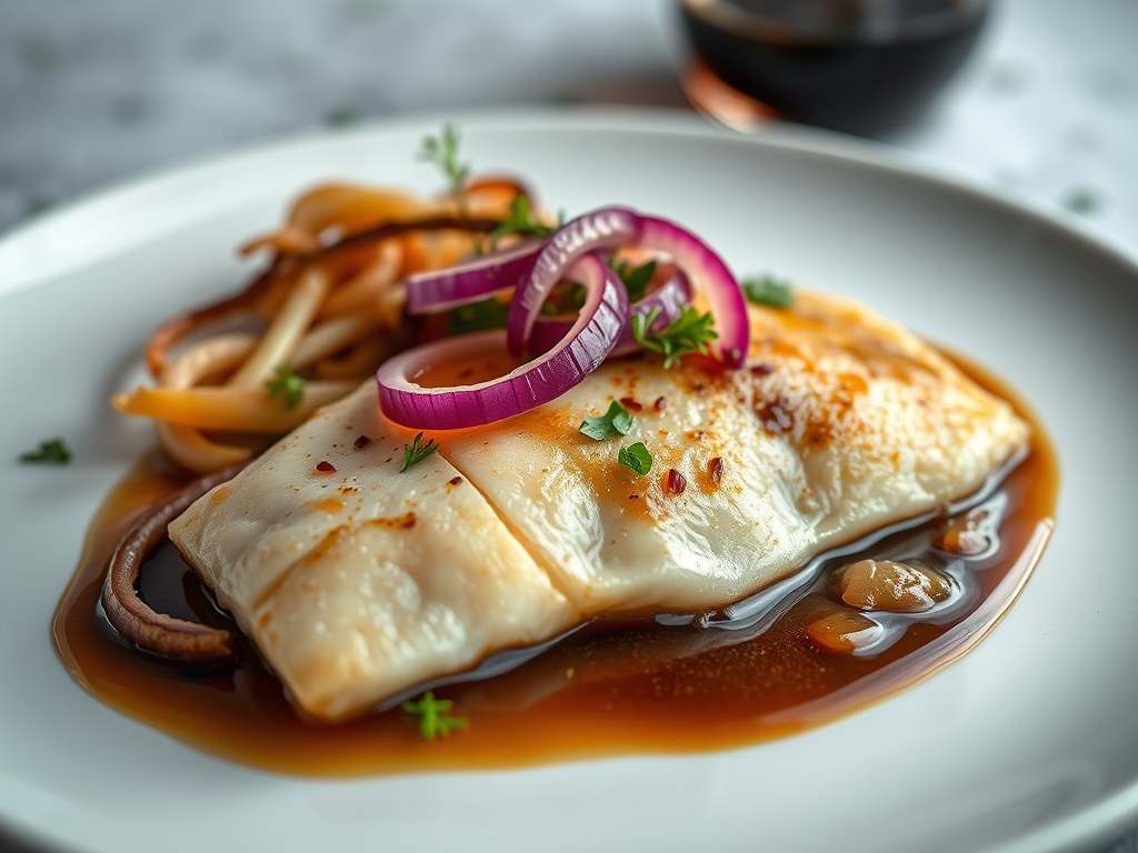Op vel gebakken kabeljauwfilet met uienbouillon en shiitakes, AI-gegenereerde illustratie