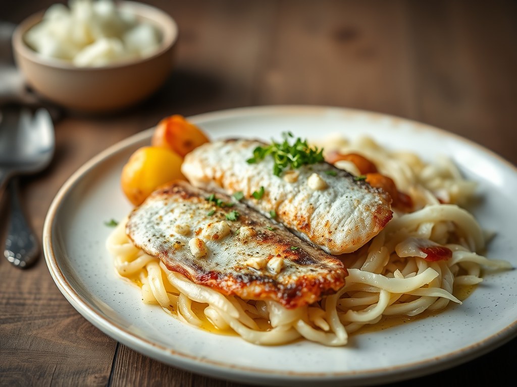 Op vel gebakken makreel met asperges en parmentier van witte kool, AI-gegenereerde illustratie
