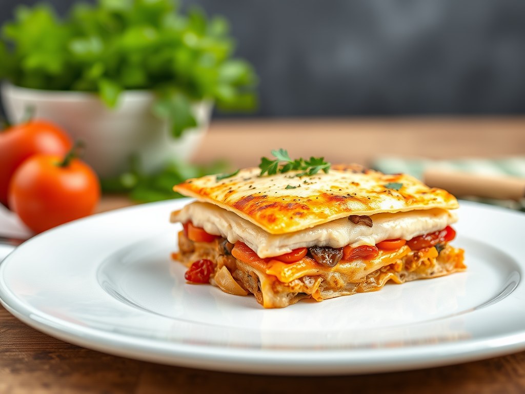 Open lasagne met kip, AI-gegenereerde illustratie