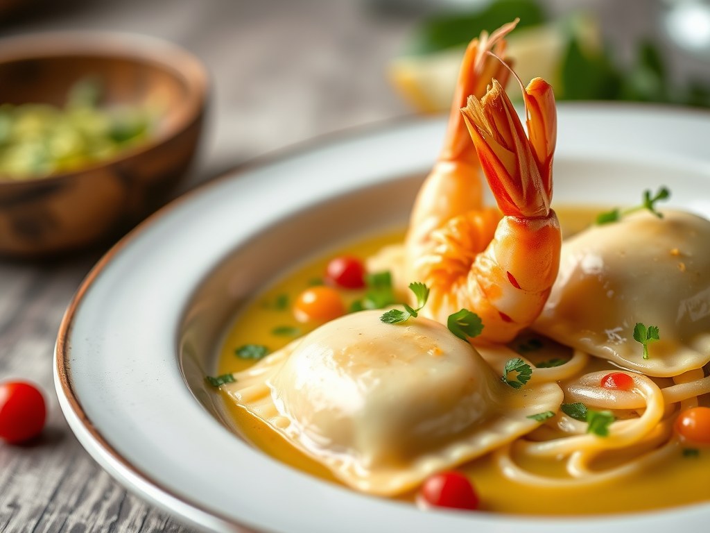 Open ravioli met kreeft, scampi’s, zee- en tuingroenten in een Oosterse bouillon, AI-gegenereerde illustratie