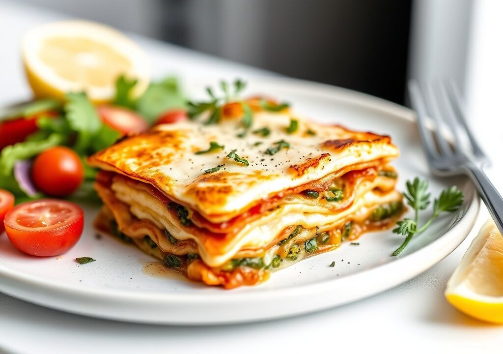 Open vislasagne met tuinkers — AI-gegenereerde illustratie