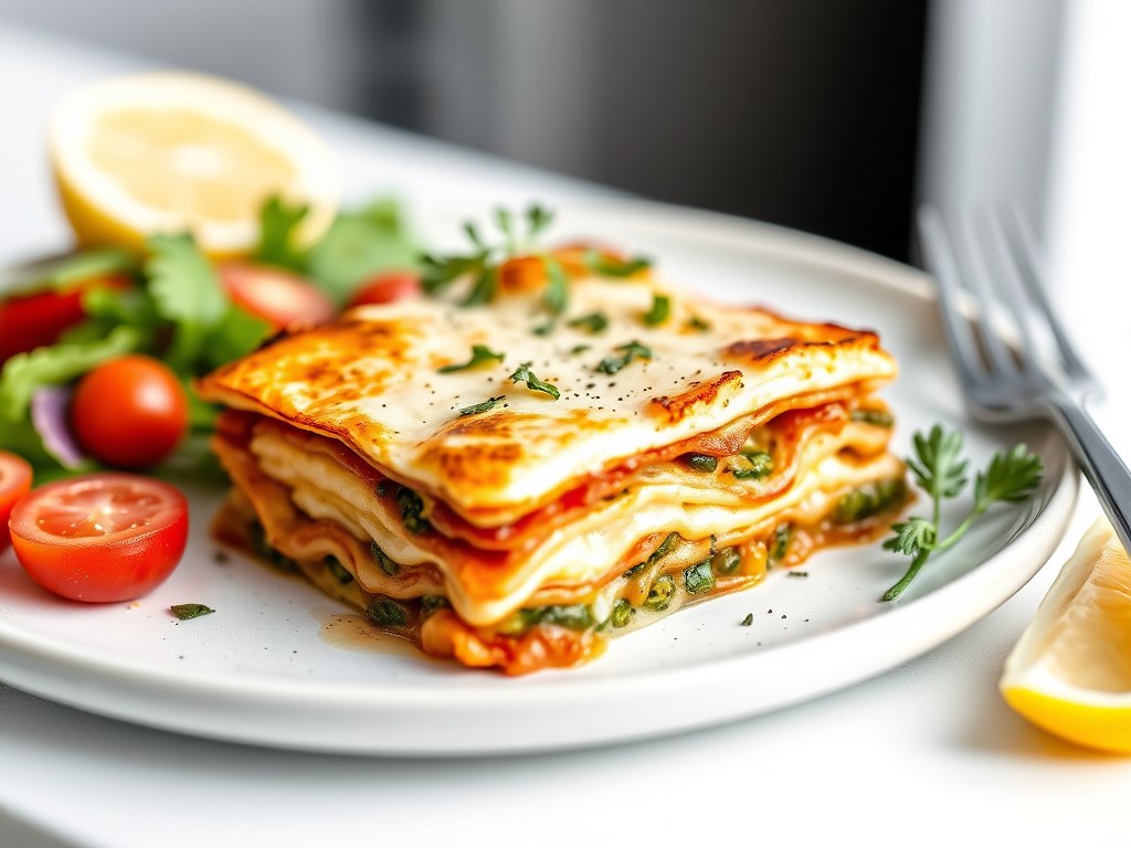 Open vislasagne met tuinkers, AI-gegenereerde illustratie