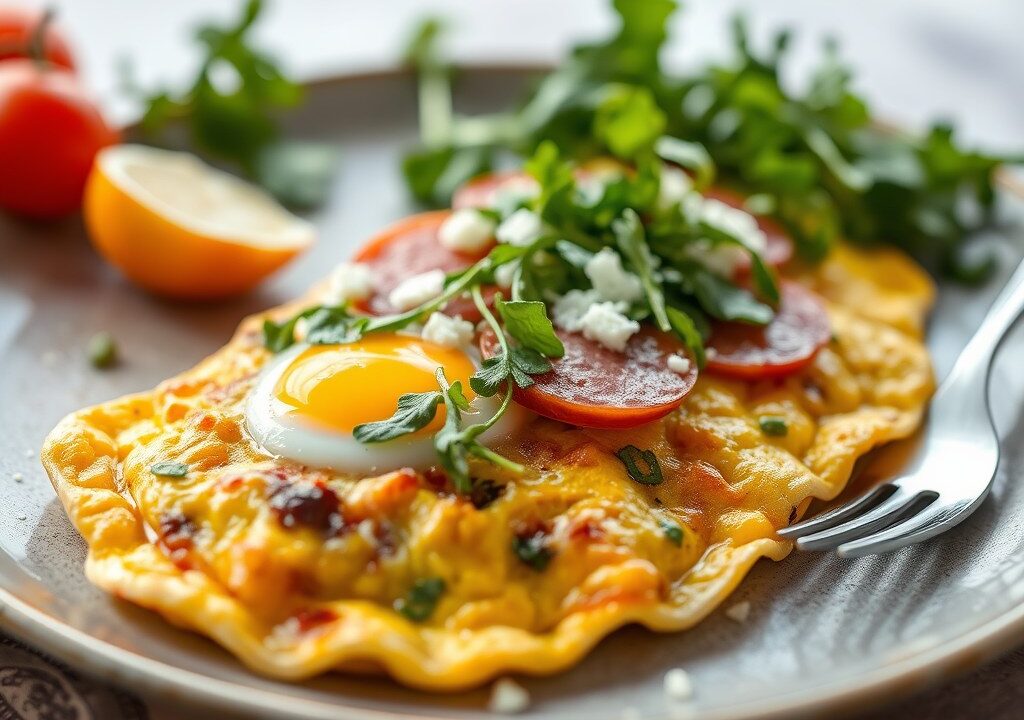 Opgerolde spinazieomelet gevuld met venkelsalami, rucola en parmezaan, AI-gegenereerde illustratie