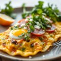 Opgerolde spinazieomelet gevuld met venkelsalami, rucola en parmezaan