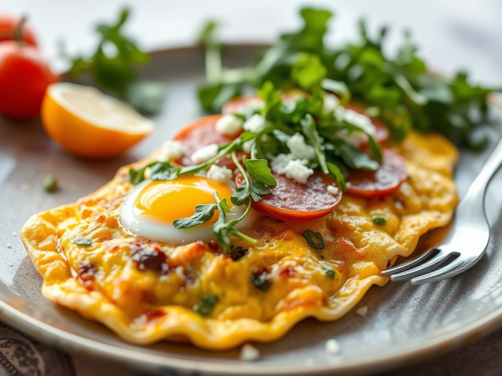 Opgerolde spinazieomelet gevuld met venkelsalami, rucola en parmezaan, AI-gegenereerde illustratie