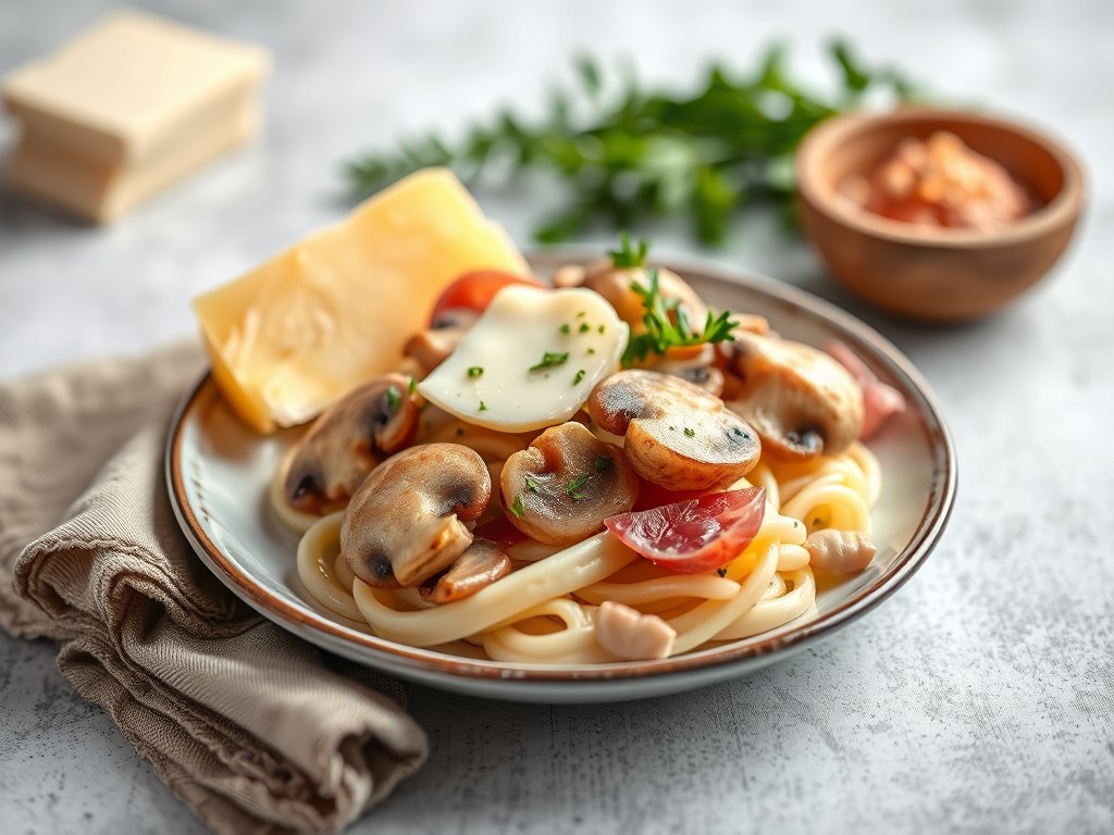 Orloff van parelhoen met champignons, AI-gegenereerde illustratie
