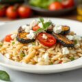 Orzo salade met gebakken pastinaak, aubergine, gepofte tomaat en honing-feta