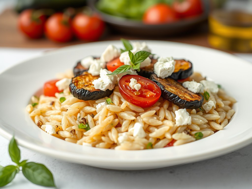 Orzo salade met gebakken pastinaak, aubergine, gepofte tomaat en honing-feta, AI-gegenereerde illustratie