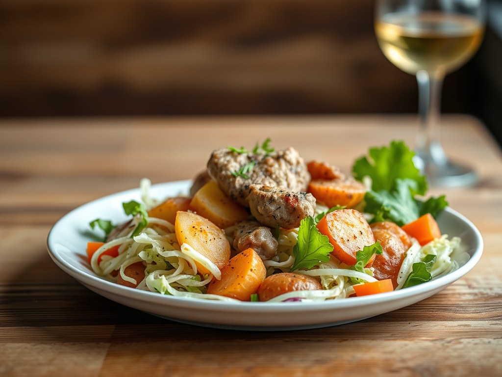 Ossenhaas met rijke koolsalade en geplette aardappeltjes, AI-gegenereerde illustratie