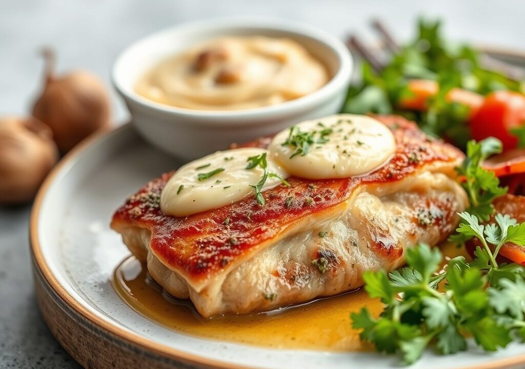 Ovengebakken konijn met saffraan, rozijnen en pijnboompitten, knolselderpuree en salade, AI-gegenereerde illustratie