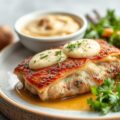 Ovengebakken konijn met saffraan, rozijnen en pijnboompitten, knolselderpuree en salade