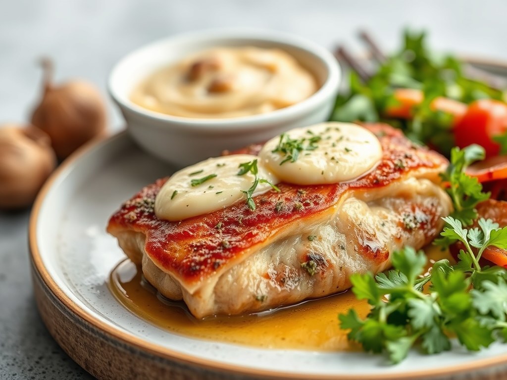 Ovengebakken konijn met saffraan, rozijnen en pijnboompitten, knolselderpuree en salade, AI-gegenereerde illustratie