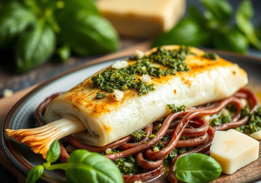 Ovenkabeljauw met pesto, AI-gegenereerde illustratie