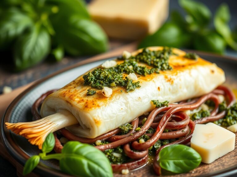 Ovenkabeljauw met pesto — AI-gegenereerde illustratie