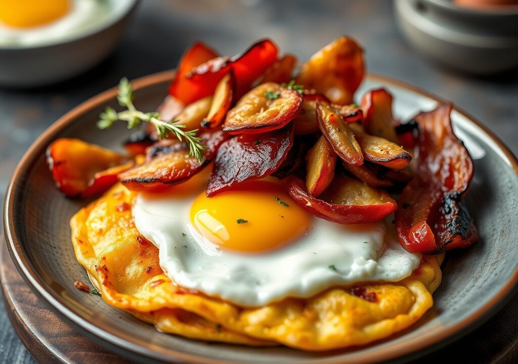 Ovenpannenkoek met Bouquet des Moines, spek, gegrilde groenten en ei, AI-gegenereerde illustratie