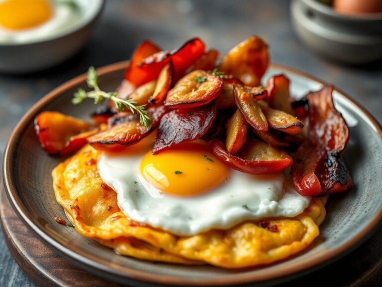 Ovenpannenkoek met Bouquet des Moines, spek, gegrilde groenten en ei — AI-gegenereerde illustratie