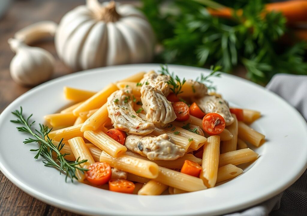 Ovenpasta met kip, worteltjes en maïs — AI-gegenereerde illustratie