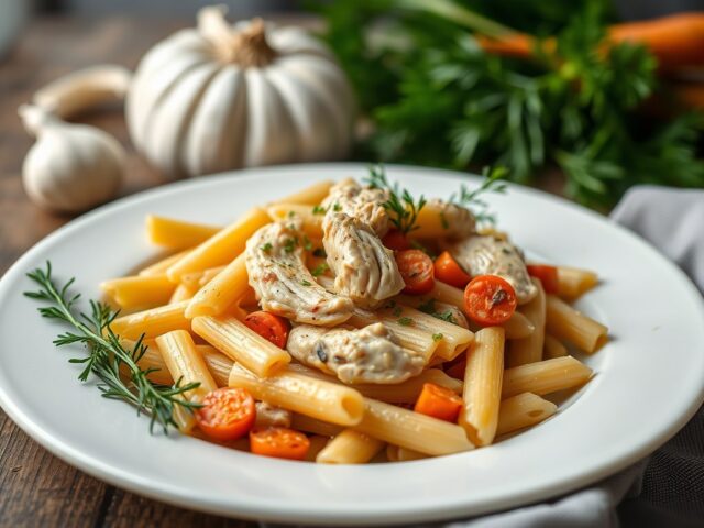 Ovenpasta met kip, worteltjes en maïs — AI-gegenereerde illustratie