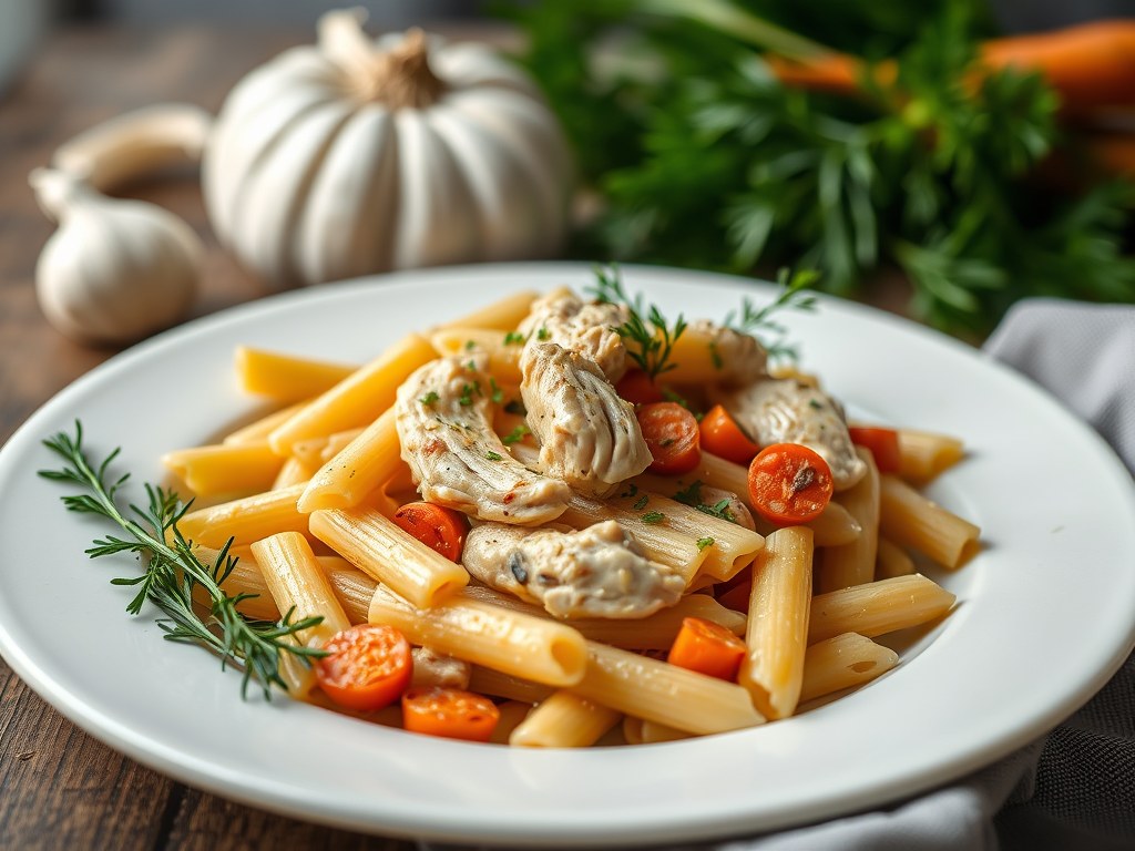 Ovenpasta met kip, worteltjes en maïs, AI-gegenereerde illustratie