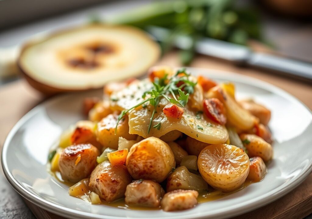 Ovenschotel met aardappelen, prei en pladijs — AI-gegenereerde illustratie