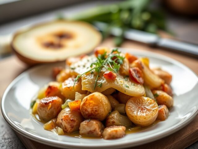 Ovenschotel met aardappelen, prei en pladijs — AI-gegenereerde illustratie