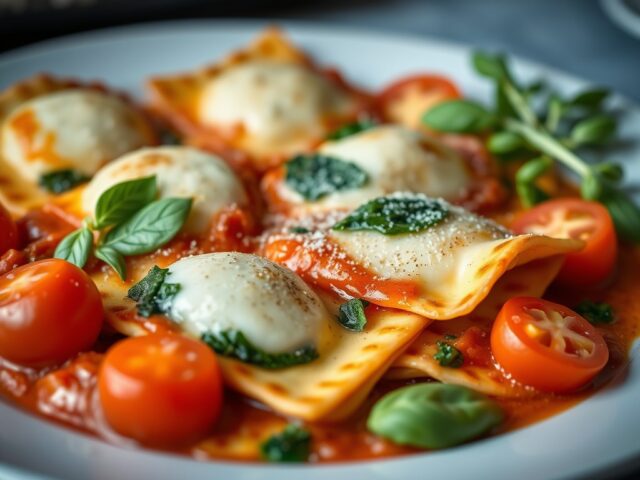Ovenschotel met ravioli, mozzarella en spinazie — AI-gegenereerde illustratie