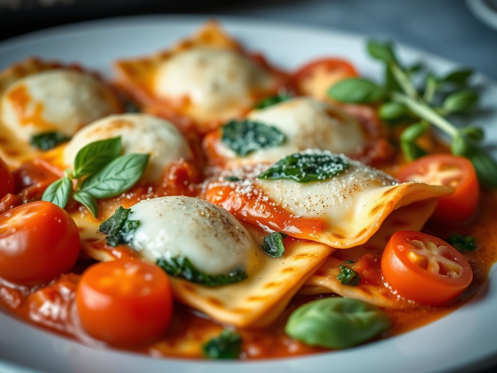 Ovenschotel met ravioli, mozzarella en spinazie, AI-gegenereerde illustratie