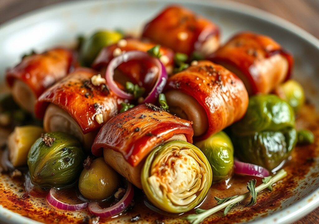 Ovenschotel met spruitjes, rode ui, kaas en slavinken, AI-gegenereerde illustratie