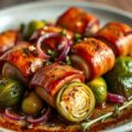Ovenschotel met spruitjes, rode ui, kaas en slavinken
