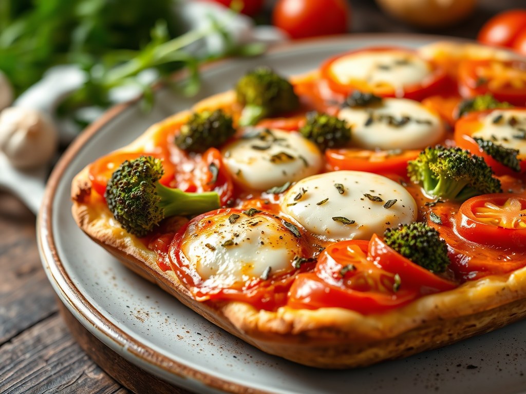 Ovenschotel met tomaat en broccoli, AI-gegenereerde illustratie