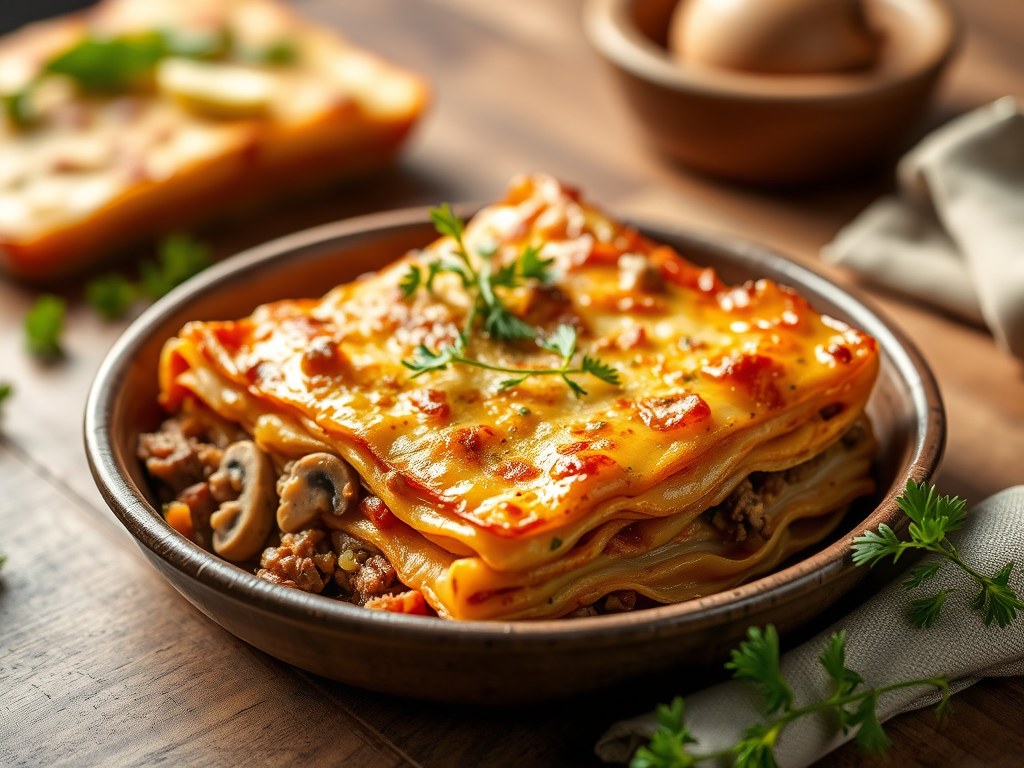 Ovenschotel pittig gekruide aardappel-lasagna, AI-gegenereerde illustratie