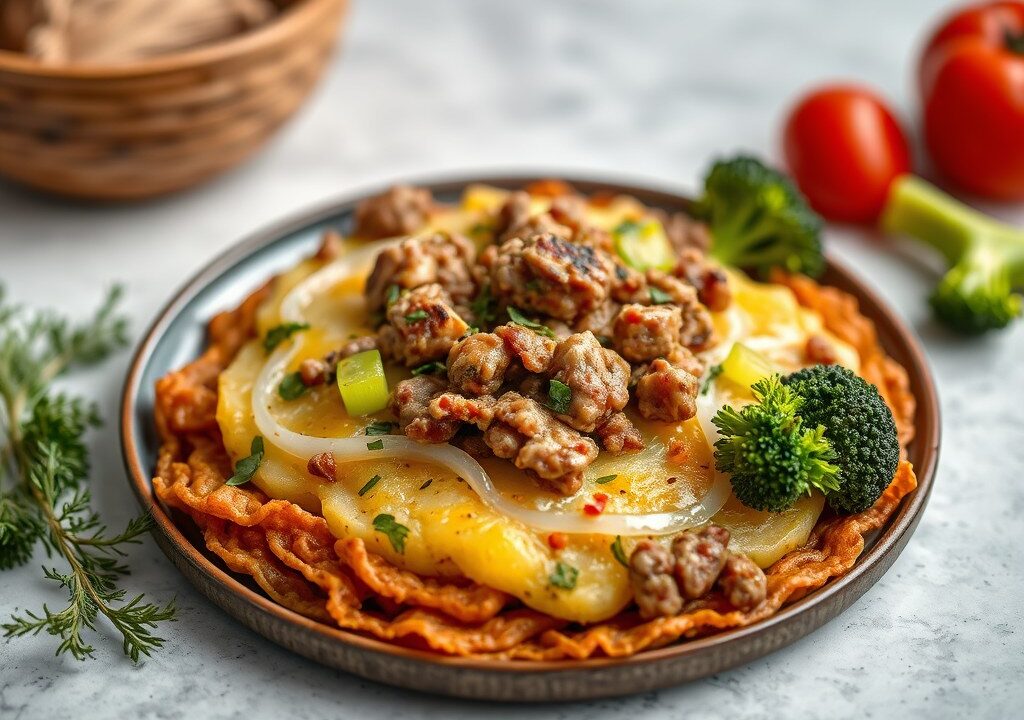 Ovenschotel rosti met groenten en gehakt — AI-gegenereerde illustratie