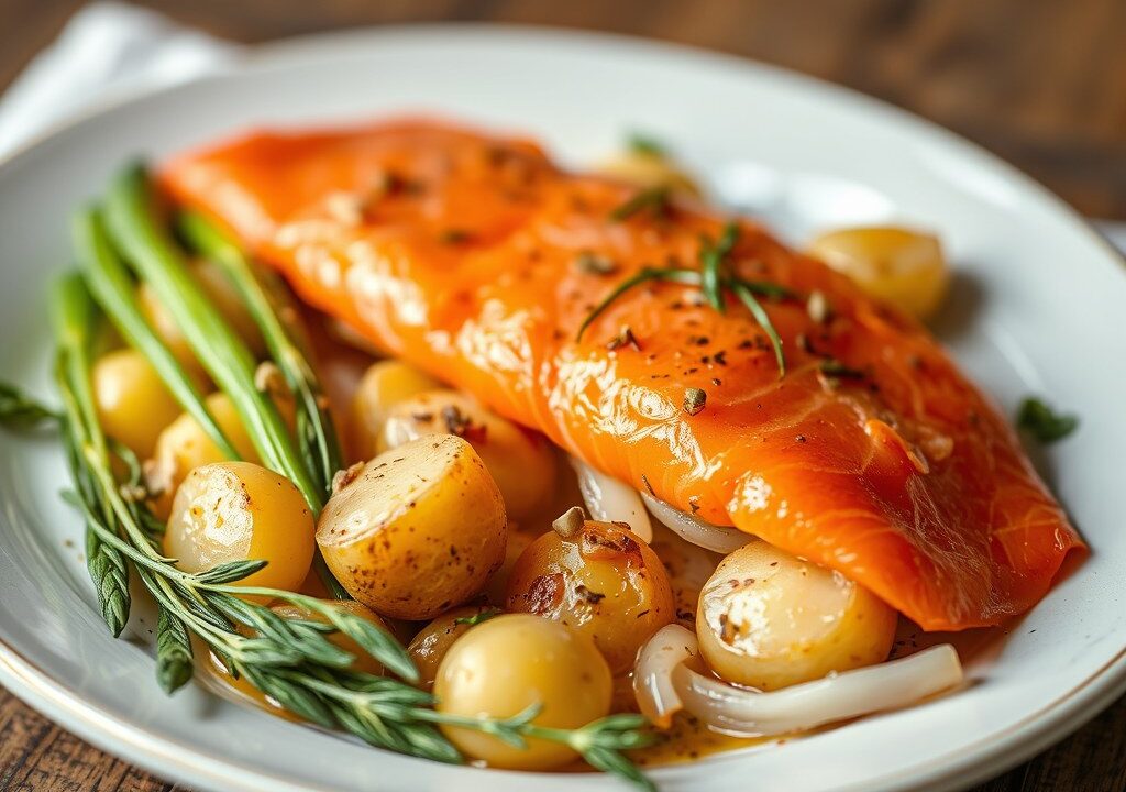 Ovenschotel van aardappelen, prei en gerookte zalm, AI-gegenereerde illustratie