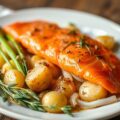 Ovenschotel van aardappelen, prei en gerookte zalm