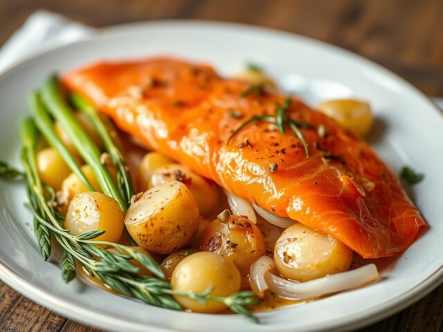 Ovenschotel van aardappelen, prei en gerookte zalm — AI-gegenereerde illustratie