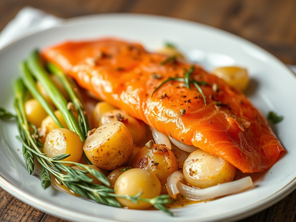 Ovenschotel van aardappelen, prei en gerookte zalm, AI-gegenereerde illustratie